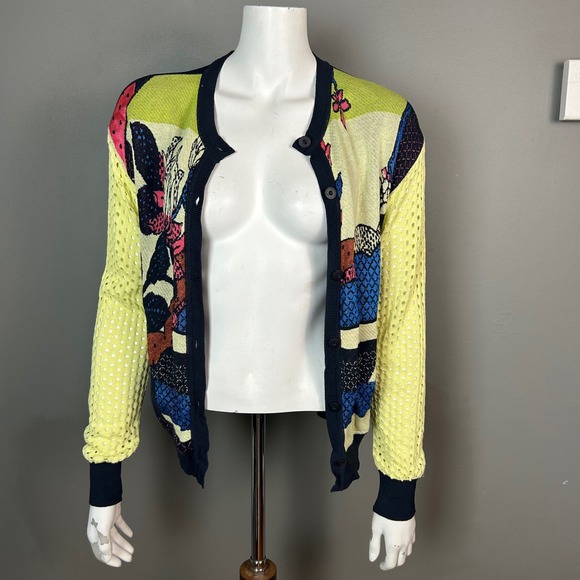 Aldo Martins Sweaters - Aldo Martins Floral Mixed Media Mesh Sleeve Cardigan Navy Yellow Size 6 US 40 EU